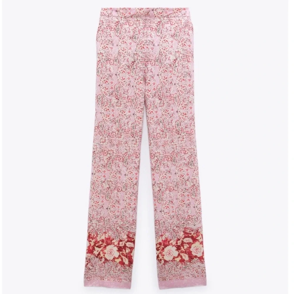 Zara Linen Blend Pants High Waist Wide Leg Pants Pink Paisley Women’s Size Small